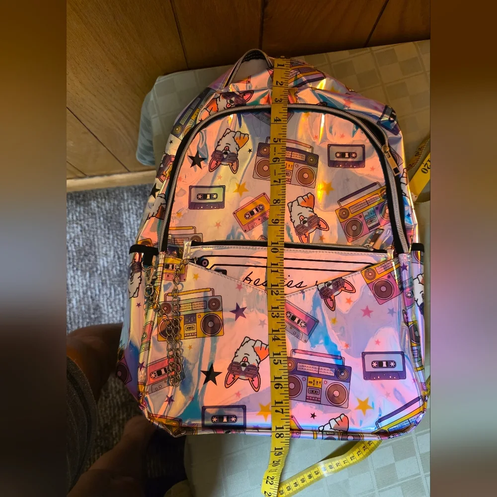 Holographic Dog & Boombox Backpack Detachable Pouch New Gift School Kids Learn